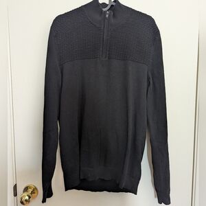 Alfani Sweater Mens Small Black Textured Shoulder Quarter Zip Pullover Cotton
